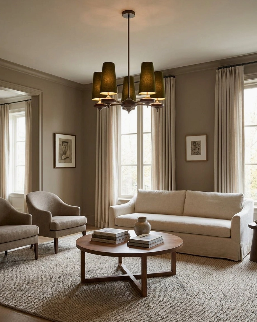 Montera 5-light chandelier with tan-brown fabric shades in minimalist modern living room, highlighting wood frame details and bronze metal hardware