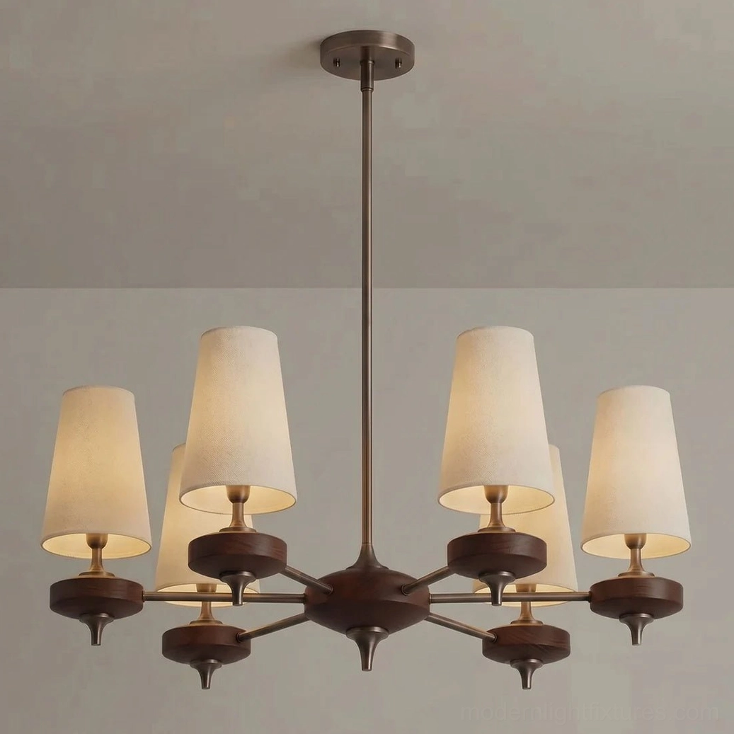 Montera 6-light chandelier with cream-colored tapered fabric shades, showing full radial arm structure and warm ambient light quality in room