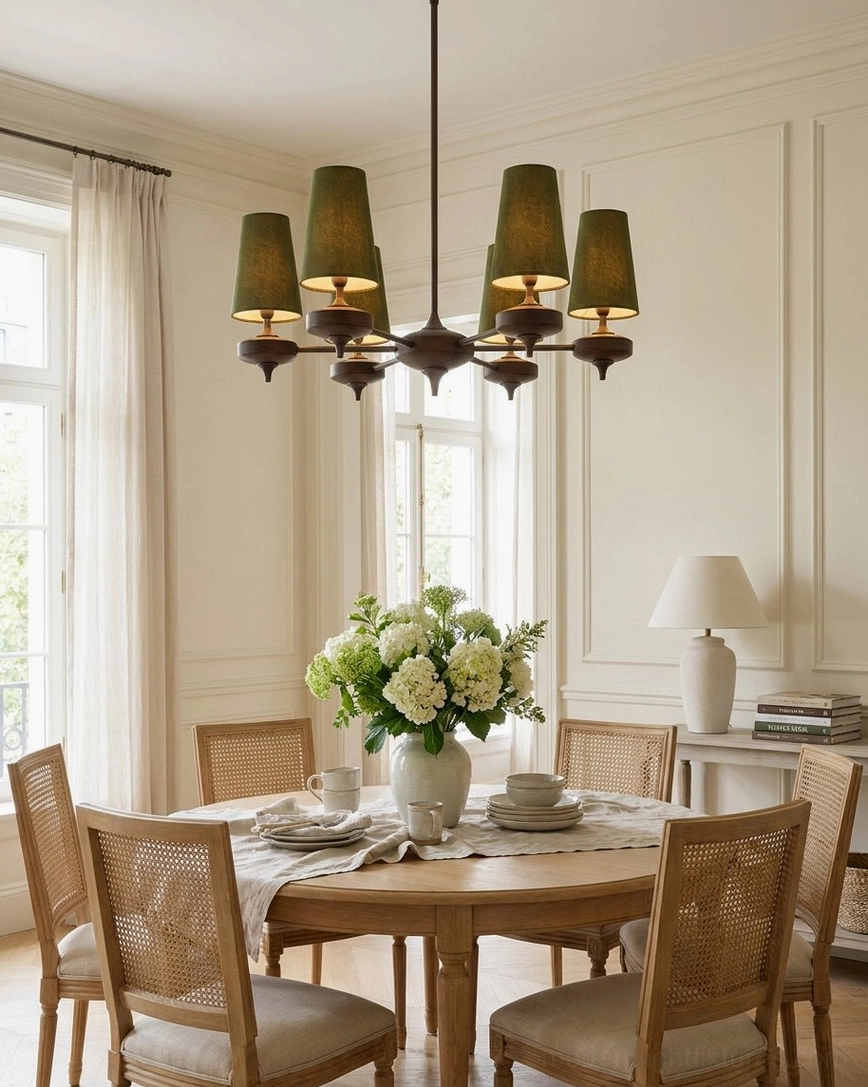 Montera 6-light pendant chandelier with tapered fabric shades hanging above classic dining table with rattan chairs and floral arrangement