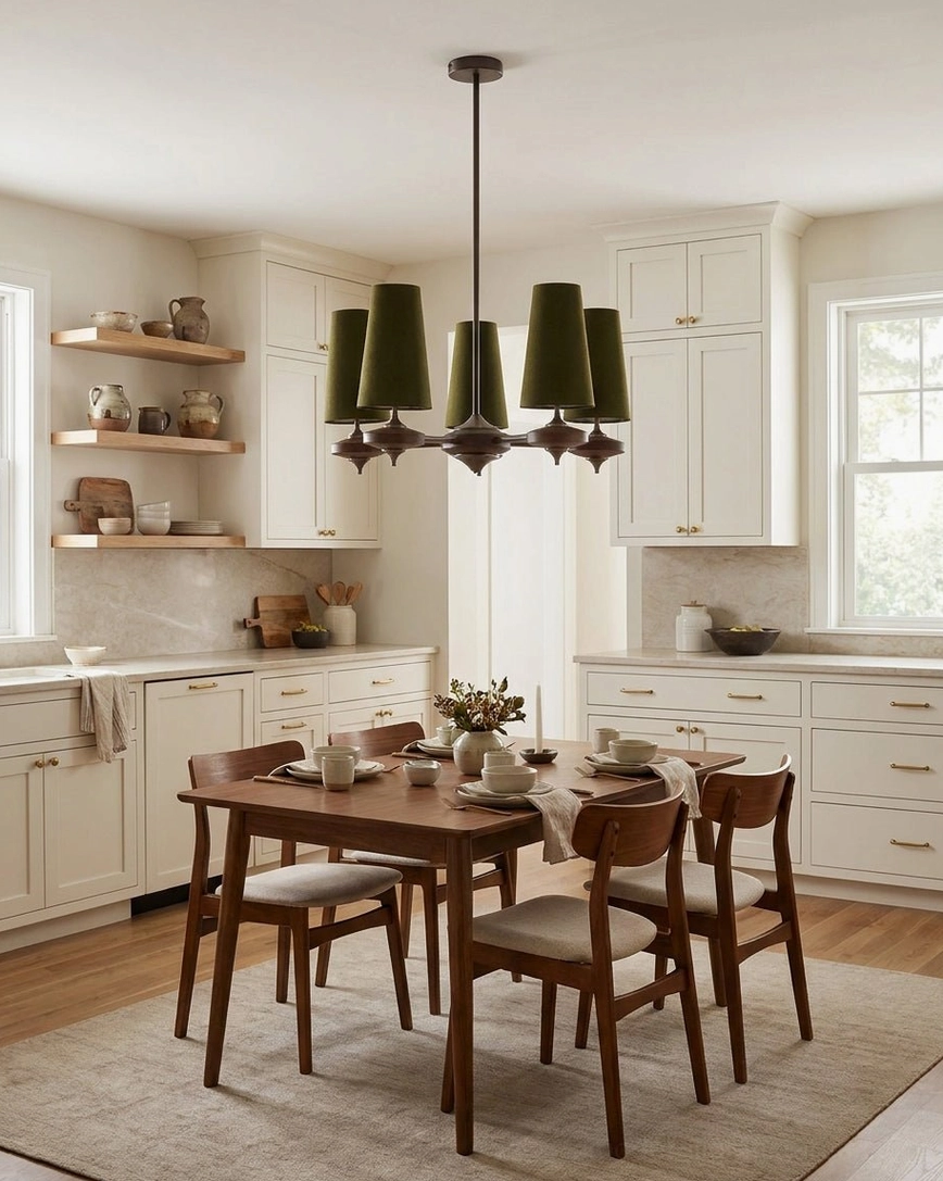 Montera 6-light chandelier with olive green tapered fabric cone shades suspended in modern farmhouse dining kitchen, creating ambient warm light