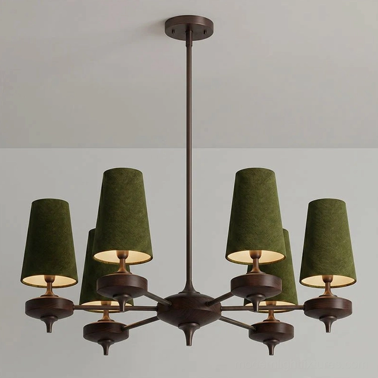 Montera 6-light chandelier with olive green tapered fabric cone shades, symmetrical radial design, warm bronze metal and walnut wood construction