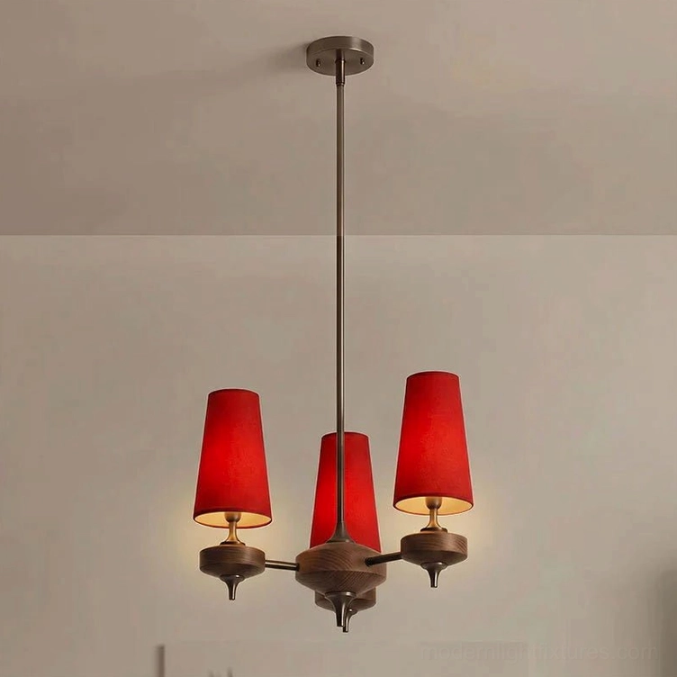 Montera 6-light chandelier with rust-colored fabric shades, bronze-tone metal canopy, hand-turned walnut wood arms, dining room focal point