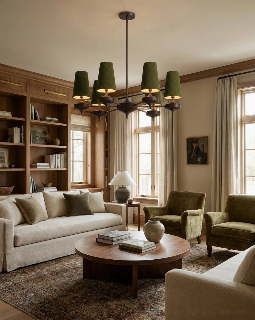 Montera 6-light chandelier with warm fabric shades in traditional wood-paneled library living room with bookshelves and vintage furniture