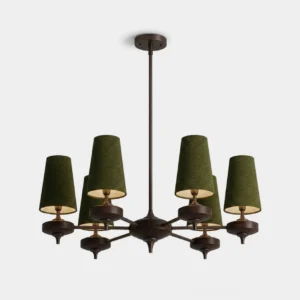 Montera mid-century modern chandelier with 6 arms, walnut wood hub and arms, bronze-tone metal stem, and olive green fabric cone shades, shown as isolated product on white background