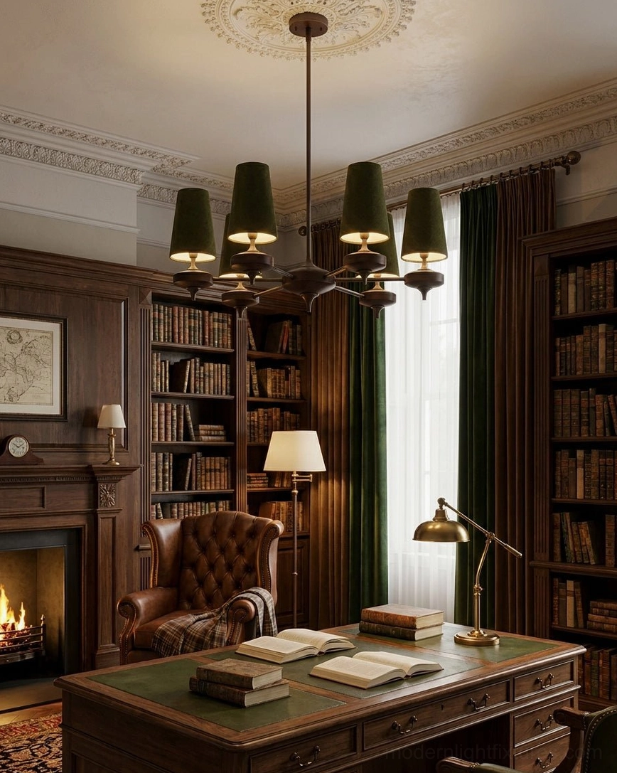 Montera 6-light mid-century modern chandelier in upscale home office study with dark wood desk and built-in bookcase, creating warm ambient atmosphere