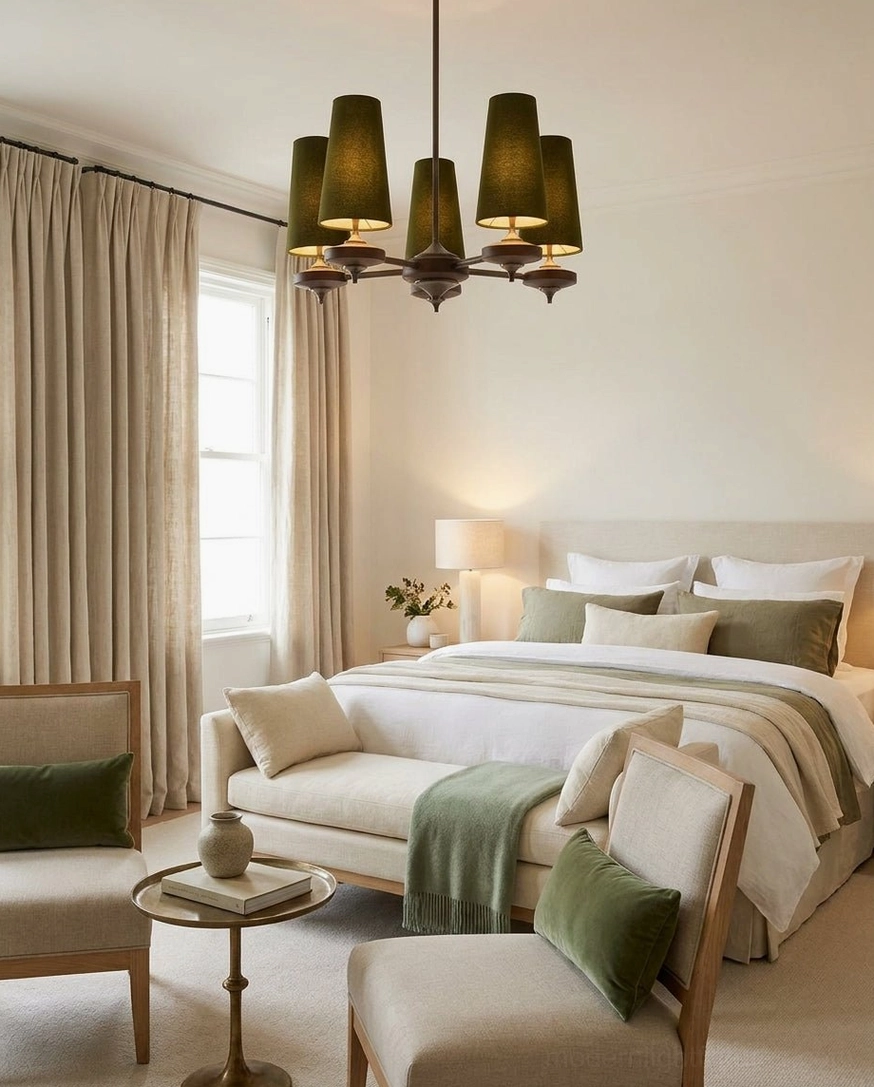 Montera 6-light mid-century modern chandelier with olive green fabric cone shades in contemporary bedroom with warm wood furniture and bedding