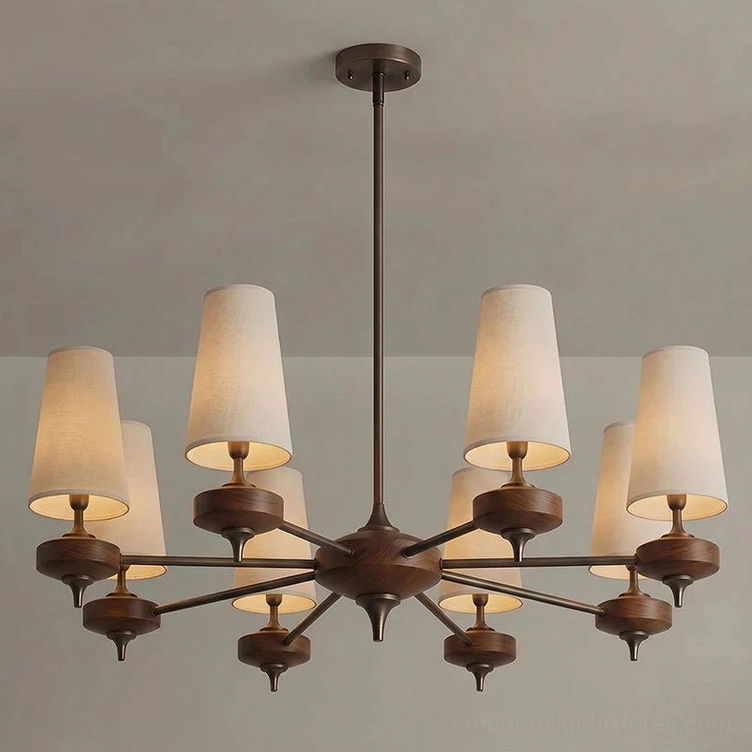 Montera 8-light pendant chandelier with cream-colored tapered fabric cone shades, walnut wood radial arms, grand statement piece for large dining foyer