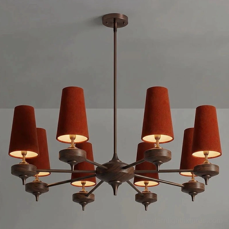Montera 8-light chandelier with rust-orange fabric cone shades, maximum light count, walnut wood and bronze-tone metal, open-plan room lighting
