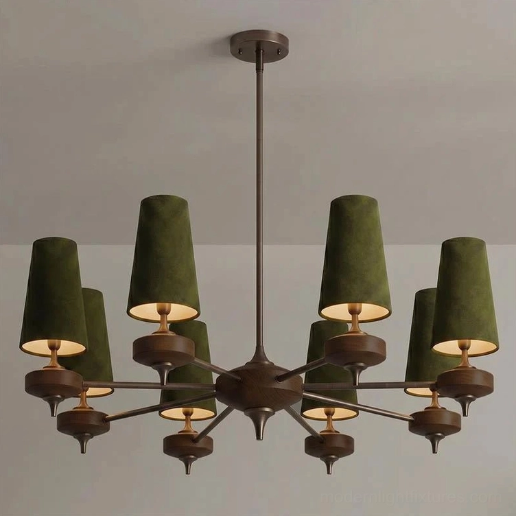 Montera 8-light large chandelier with olive green fabric cone shades, statement-size walnut wood arms, bronze metal hardware, grand ceiling fixture
