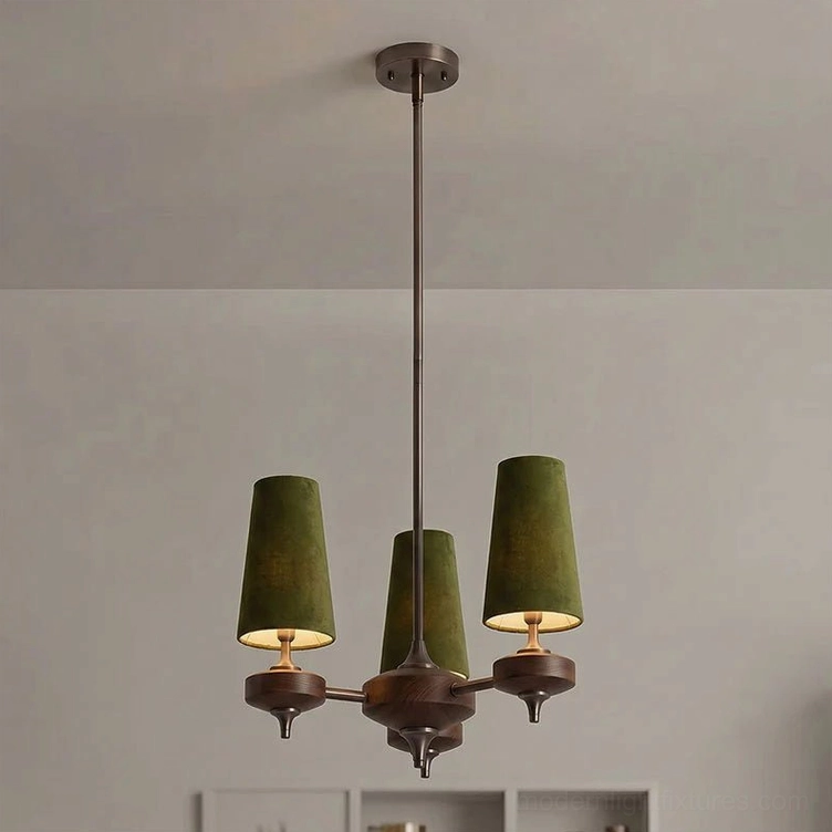 Montera 8-light statement chandelier with large diameter, walnut wood radial arms, and fabric cone shades, grand foyer or open-plan room lighting