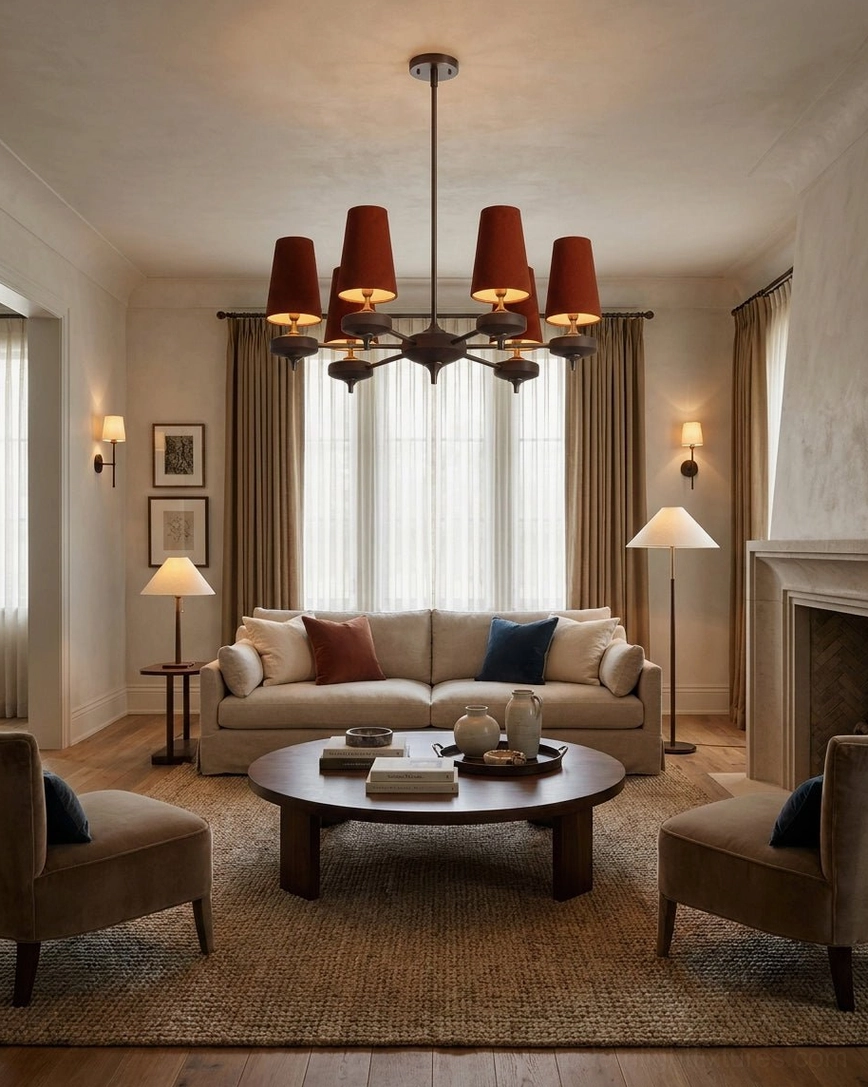 Montera chandelier fabric shade detail showing olive green woven textile and tapered cone shape with warm light diffusion
