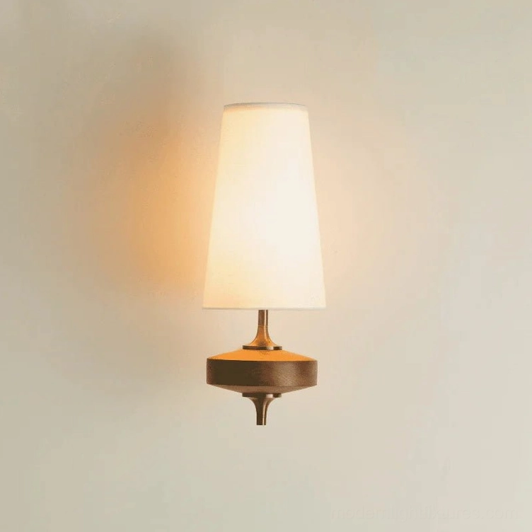 Montera single-head wall sconce with white conical shade and walnut base finish, size L 5.9 inch variant