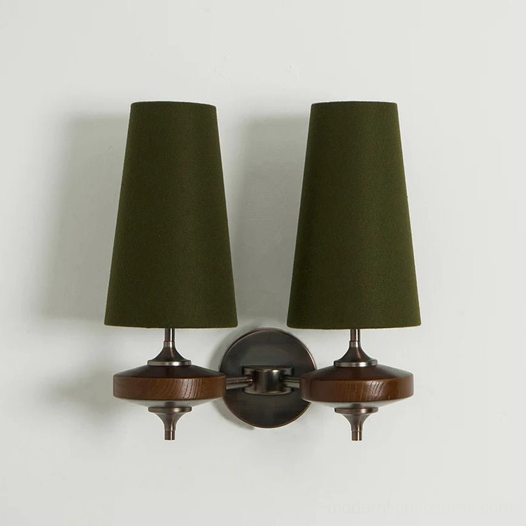 Montera double-head wall sconce with emerald green conical shades, L 13.4 inch extended length configuration