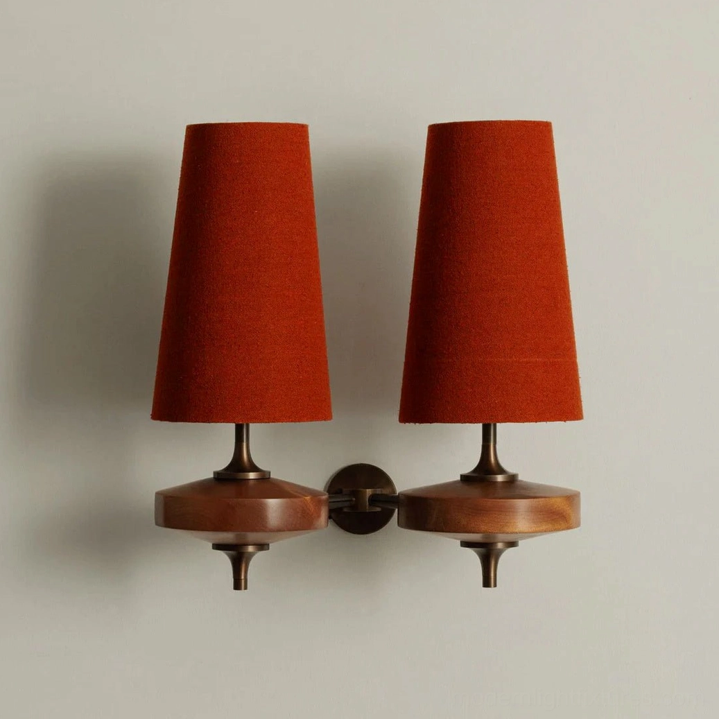 Montera two-head wall sconce with bold red conical shades and bronze base, L 13.4 inch dual-head model