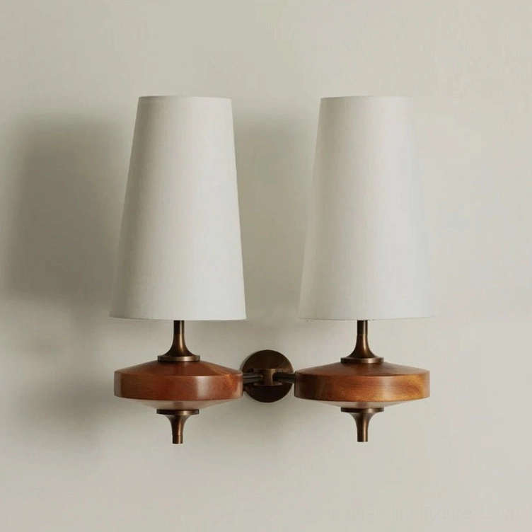 Montera double-head wall sconce with white conical shades and metal base, L 13.4 inch extended configuration