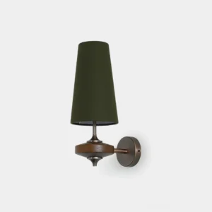Montera mid-century wall sconce with dark green conical fabric shade and walnut metal base, front studio view on white background