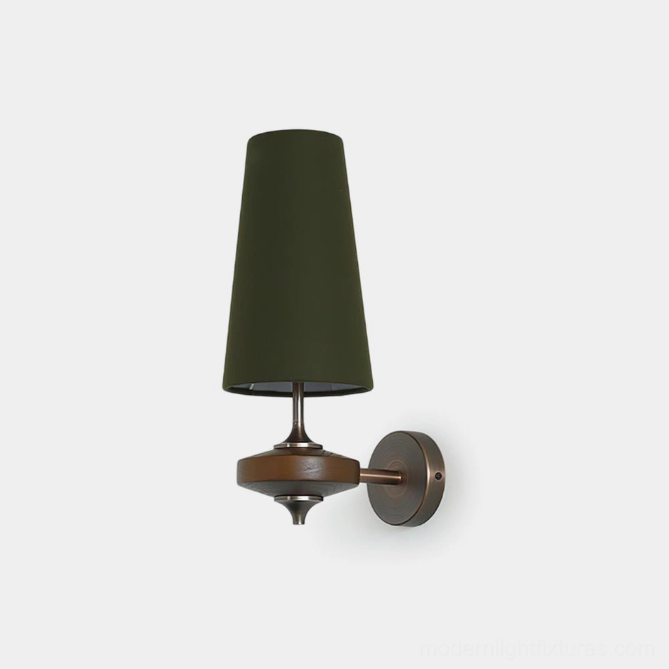 Montera mid-century wall sconce with dark green conical fabric shade and walnut metal base, front studio view on white background