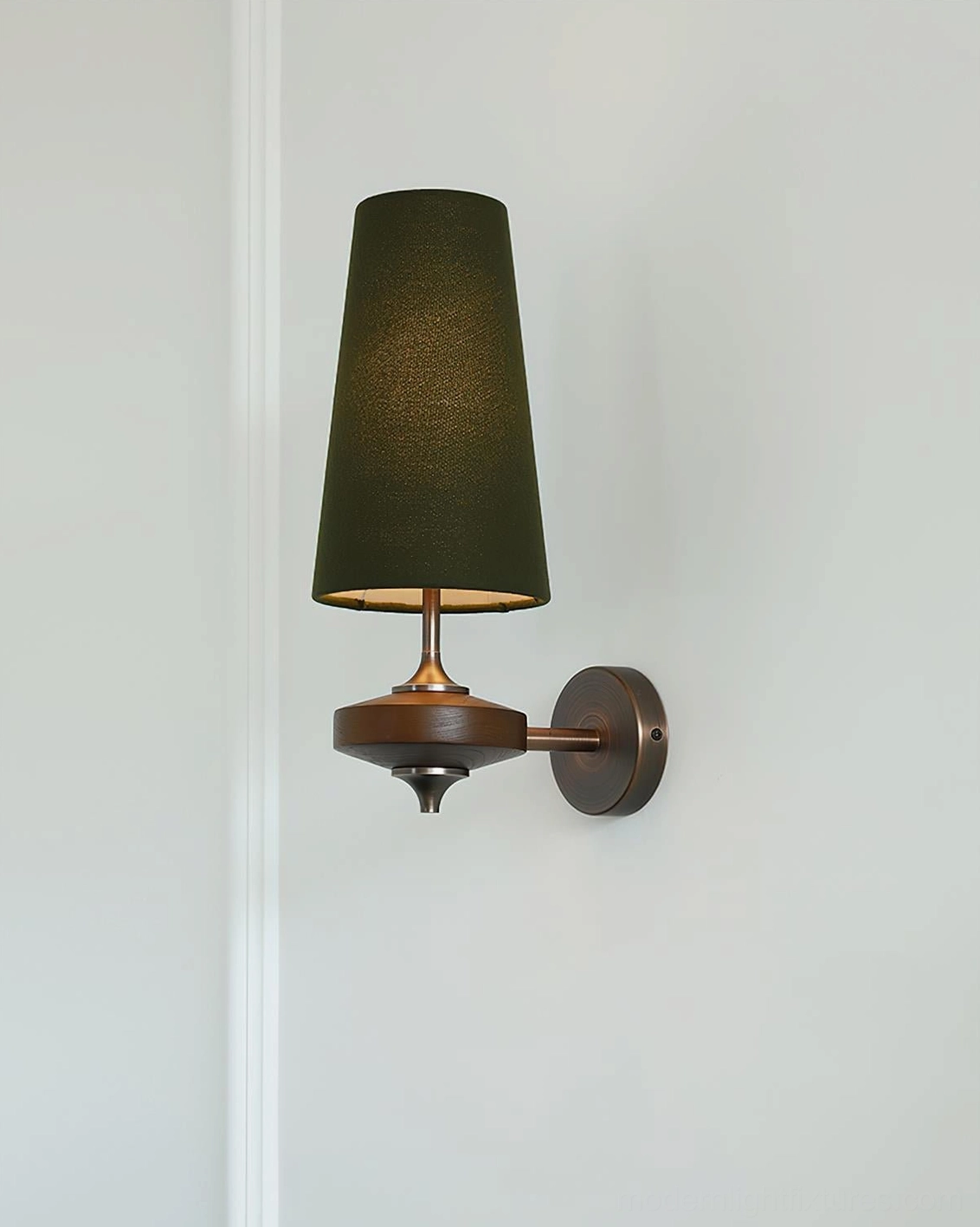Montera mid-century wall sconce with fabric shade in office or study corner, task lighting application