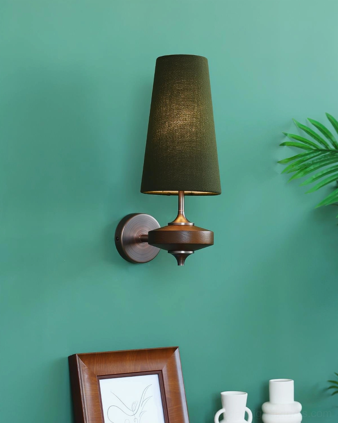 Montera double-head wall sconce with white conical shades in contemporary living space, dual lighting solution