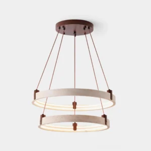 Monura dual-ring LED pendant chandelier front view studio shot modern travertine hanging light