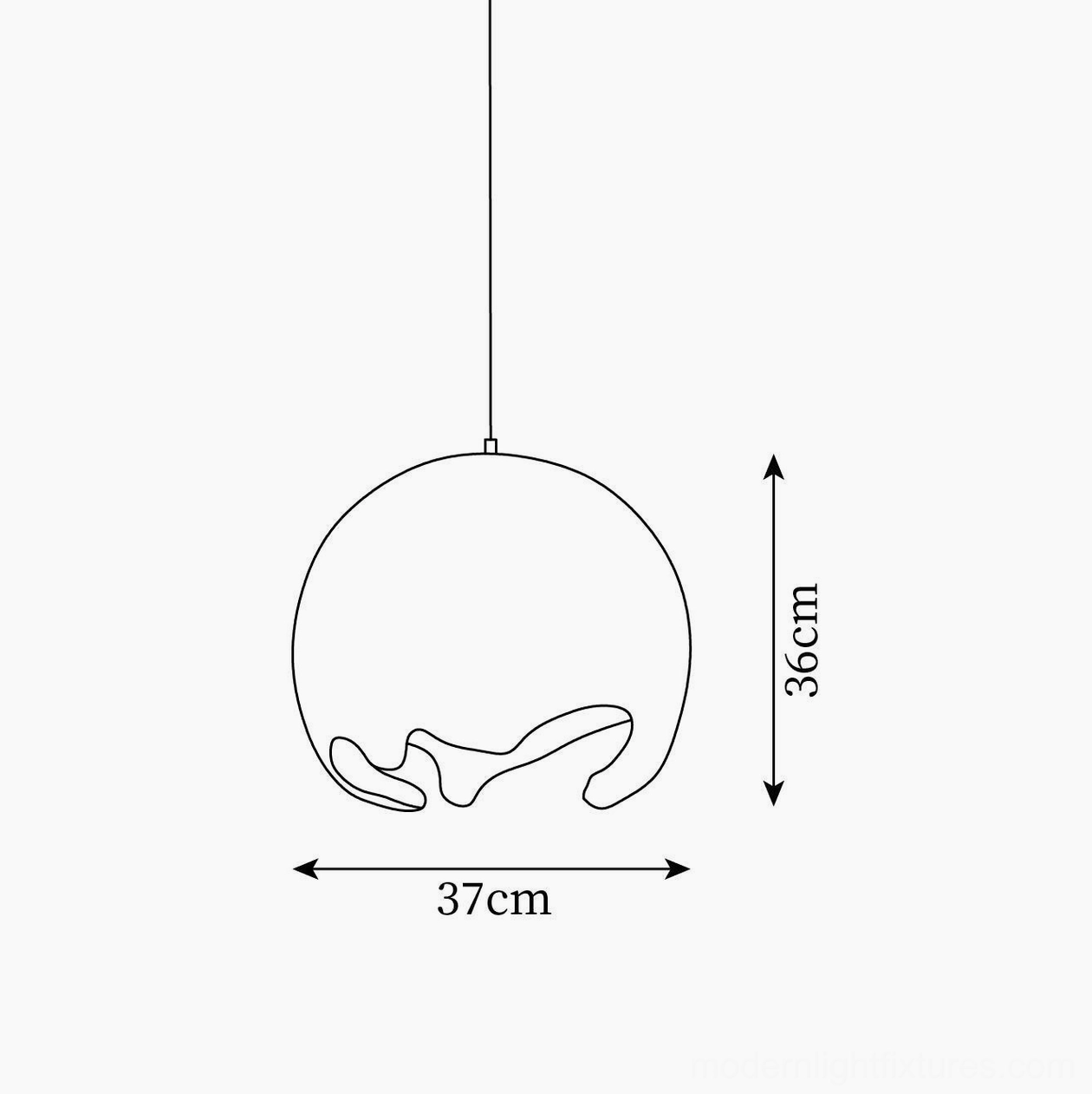 Moon crater pendant light dimension technical drawing showing 37cm diameter and 36cm height specifications on white background