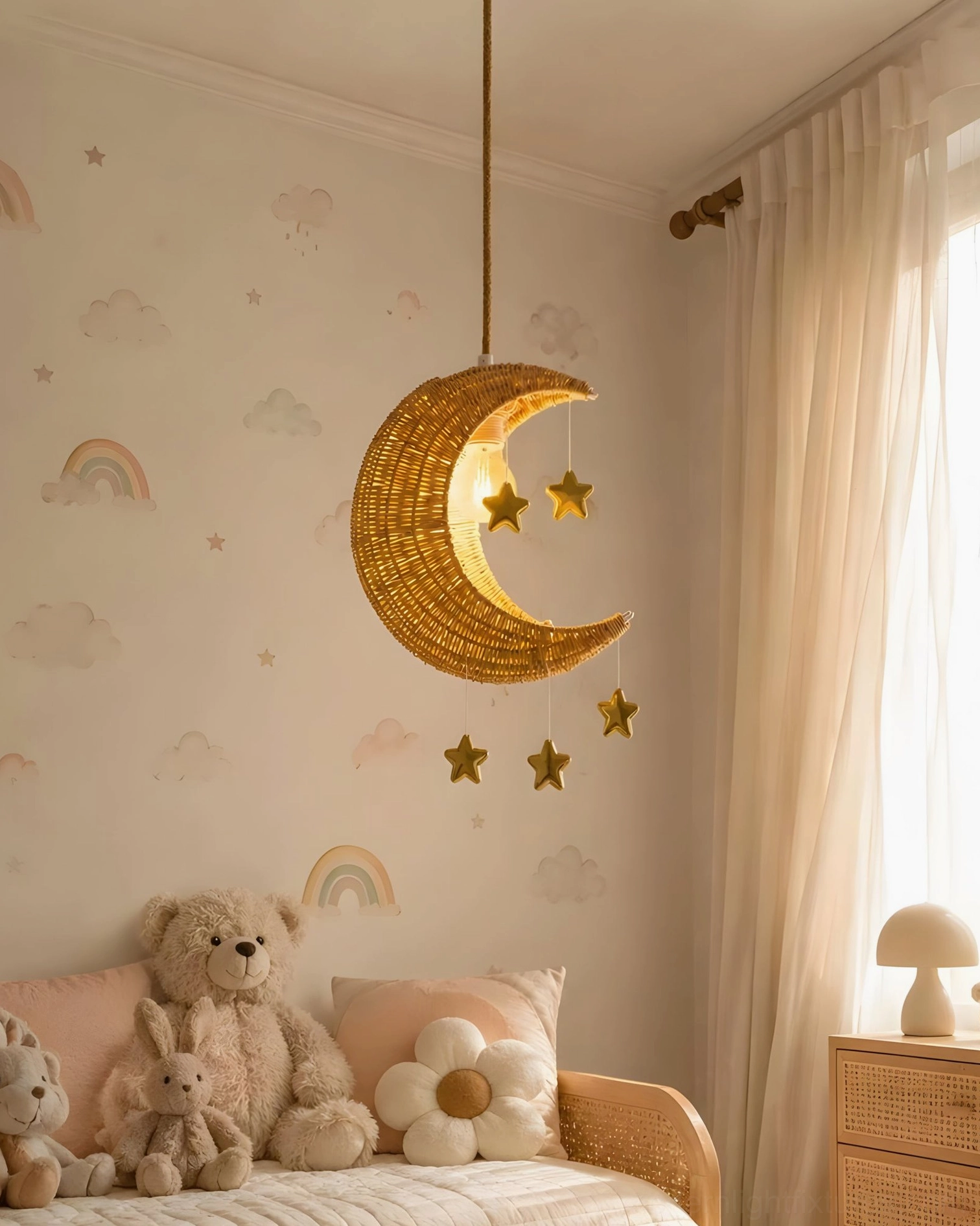 Hanging gold metal stars dangling from rattan moon pendant - celestial star ornament detail shot