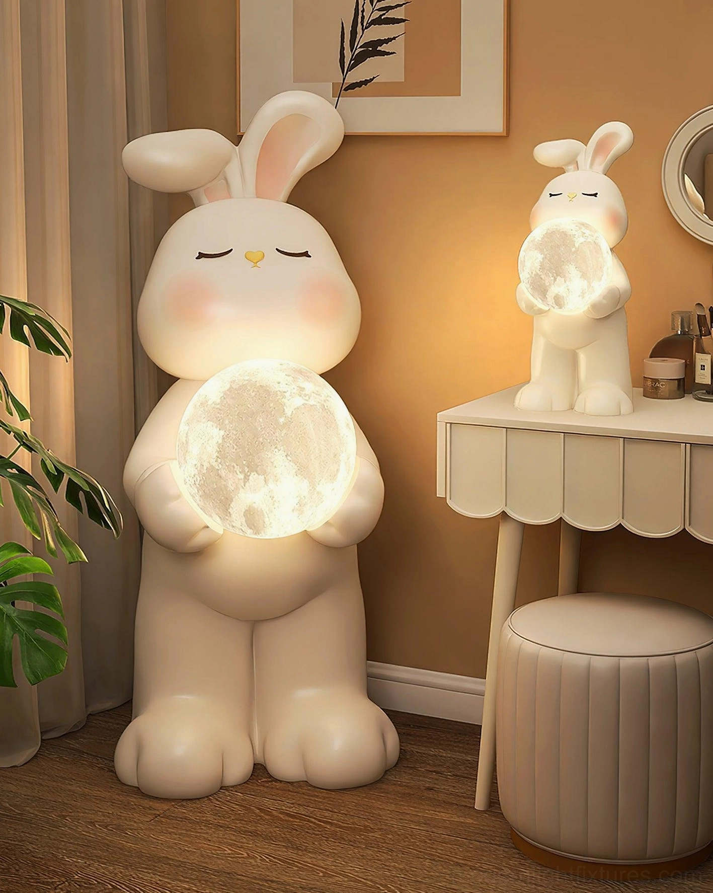 Moon rabbit floor lamp in warm bedroom vanity space with tabletop rabbit decor