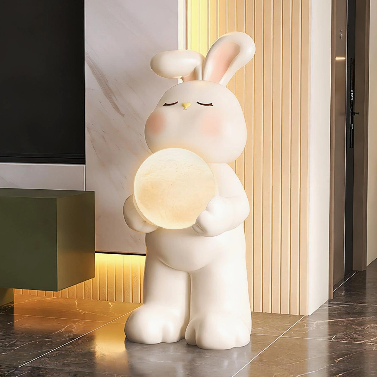 Moon rabbit floor lamp three-quarter angle modern entryway warm wood panel wall