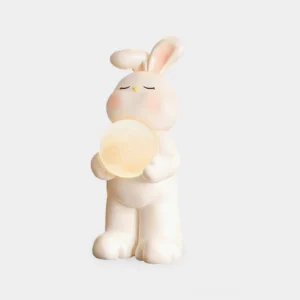 Moon rabbit floor lamp front view with soft matte white finish and glowing lunar light