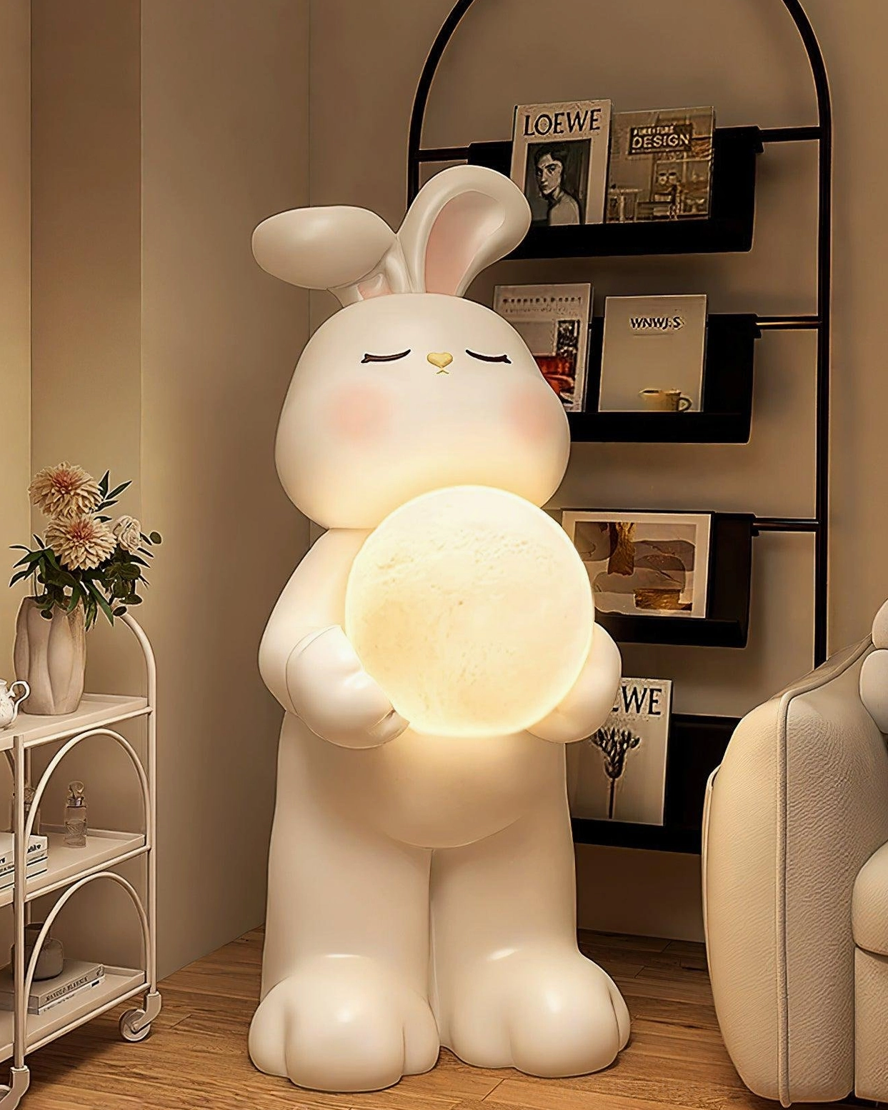 Moon rabbit floor lamp front full view bookshelf living room cozy warm decor