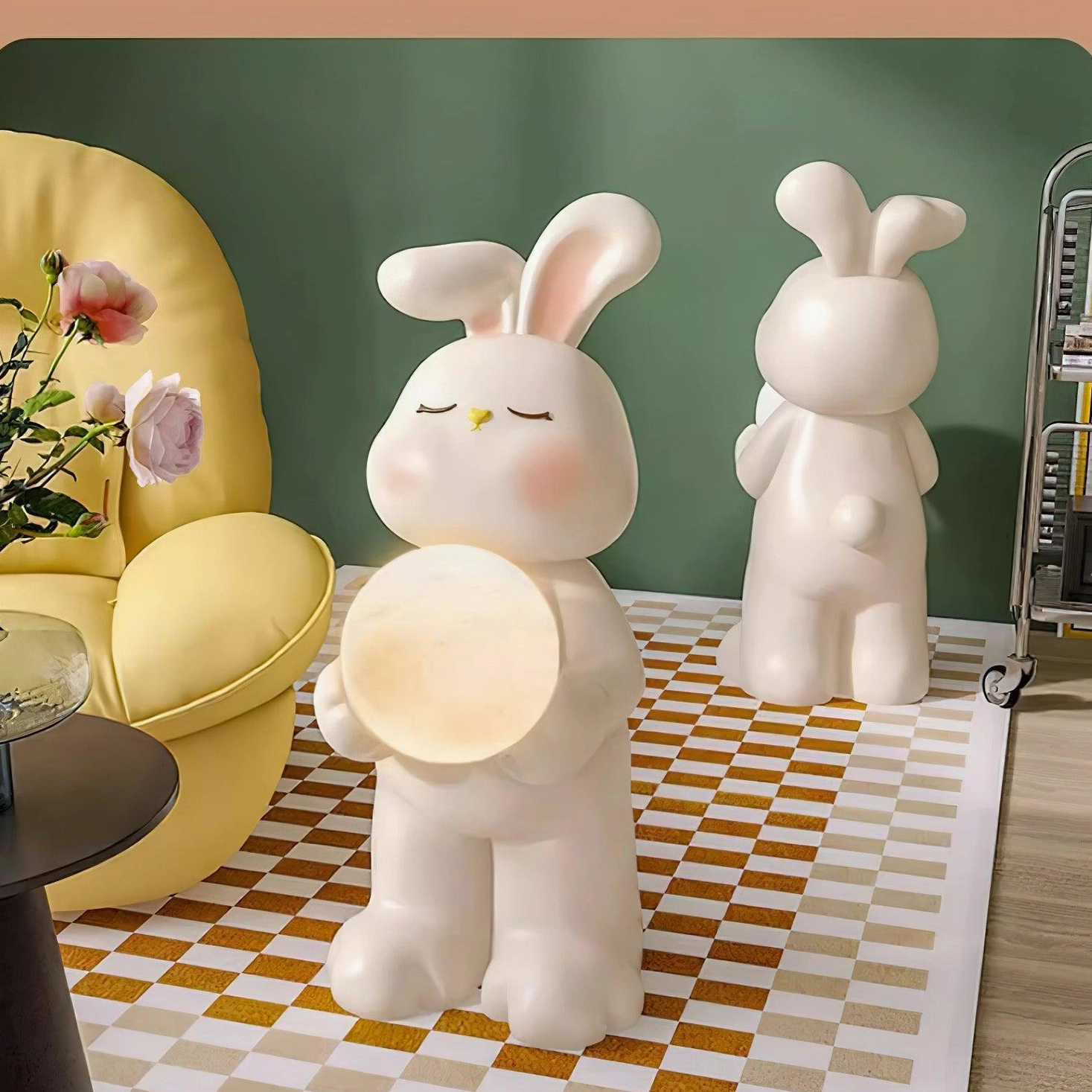 Two moon rabbit floor lamps in modern living room with checkered rug and yellow armchair