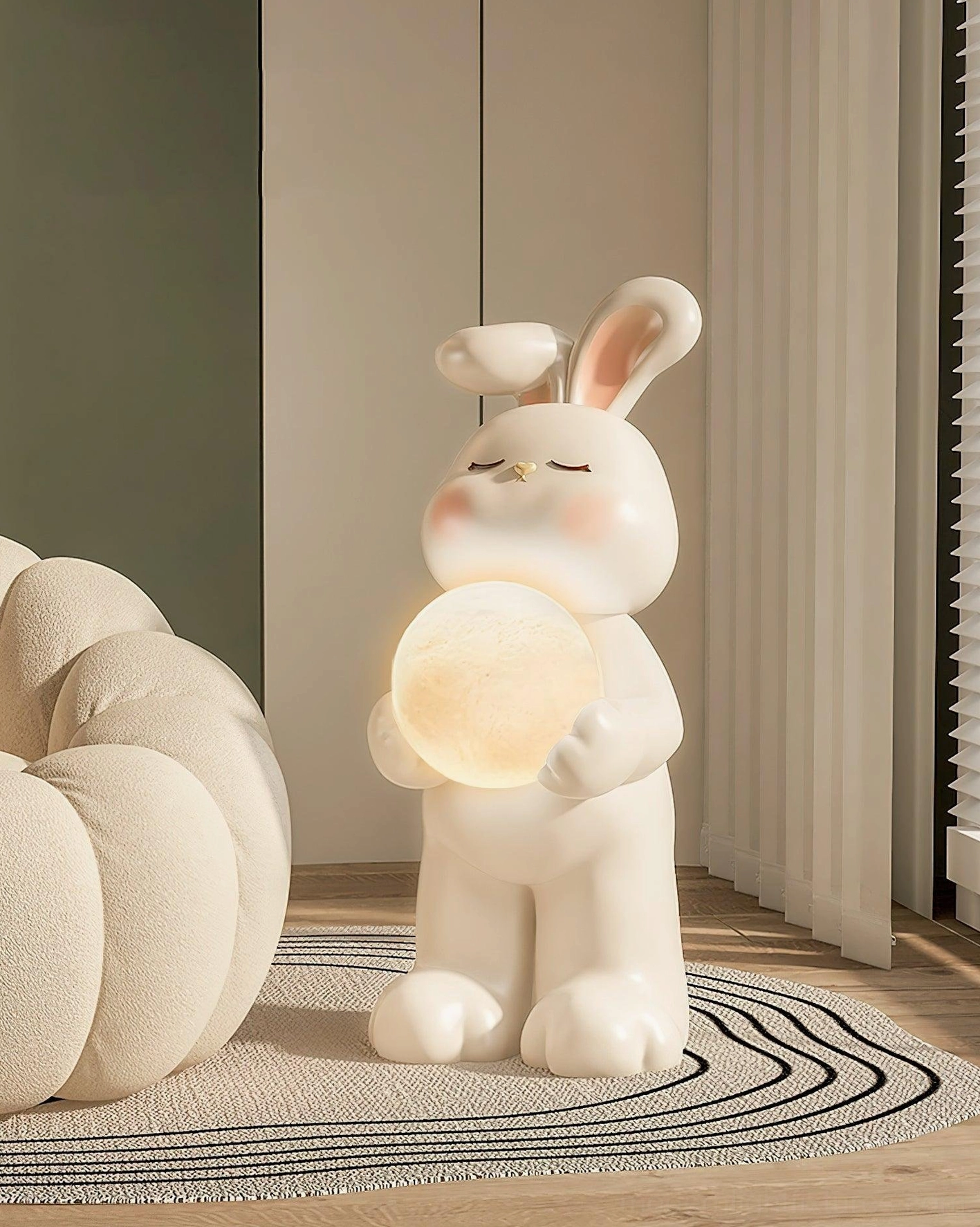 Moon rabbit floor lamp side view matte finish glowing moon accent minimalist living room