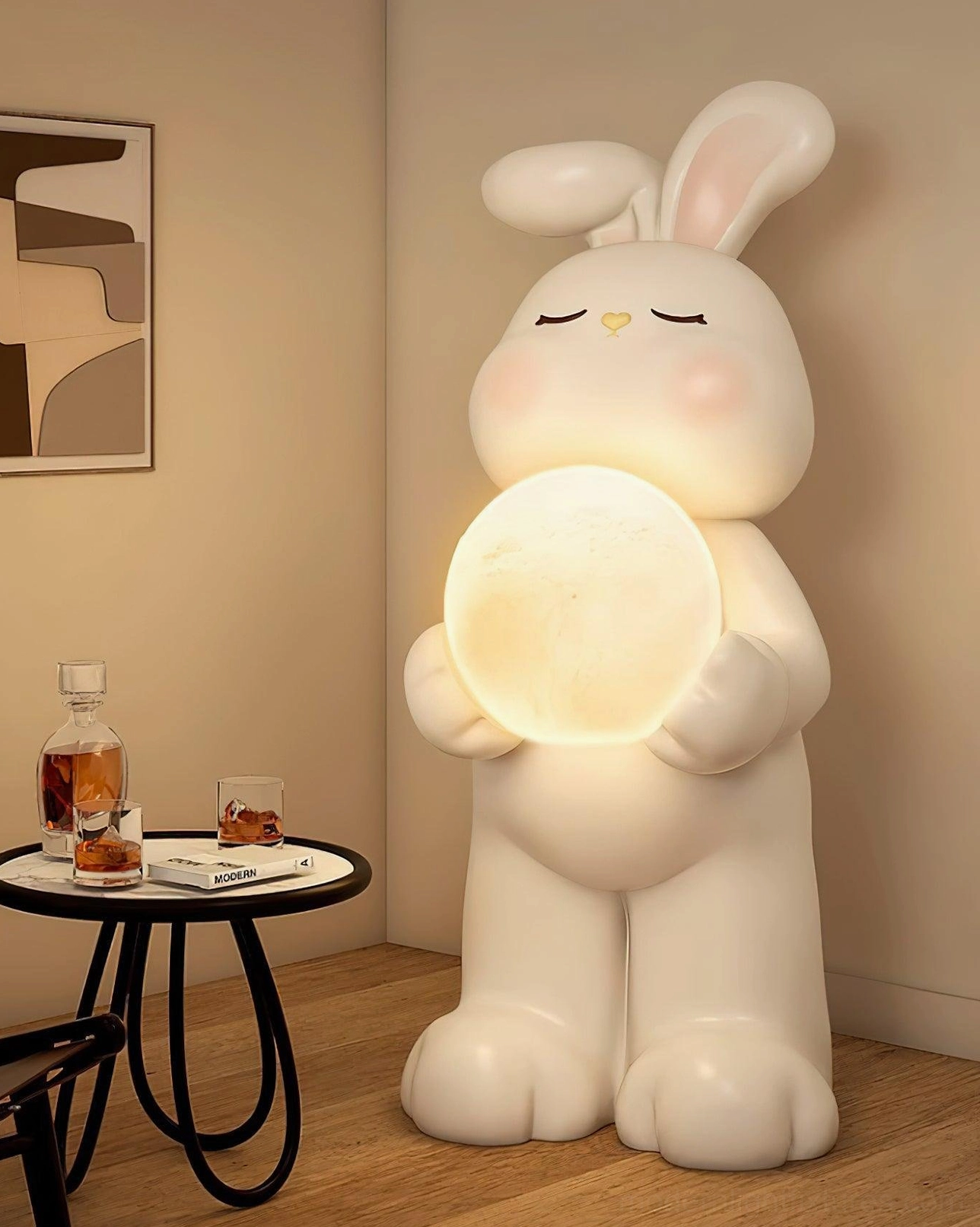 Moon rabbit floor lamp on black metal side table with minimalist styling