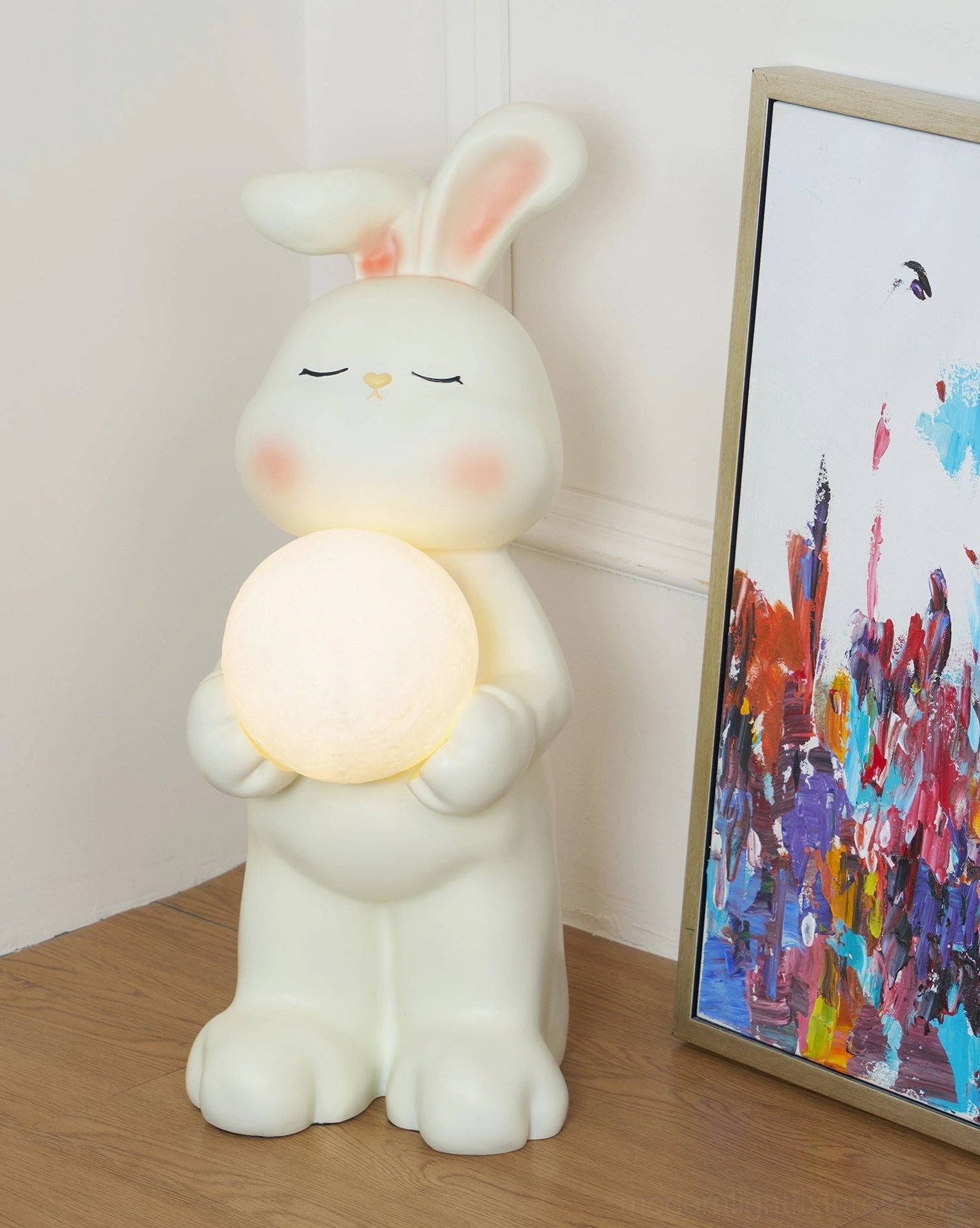 Moon rabbit floor lamp soft contemporary styling plush throws warm metallic accents