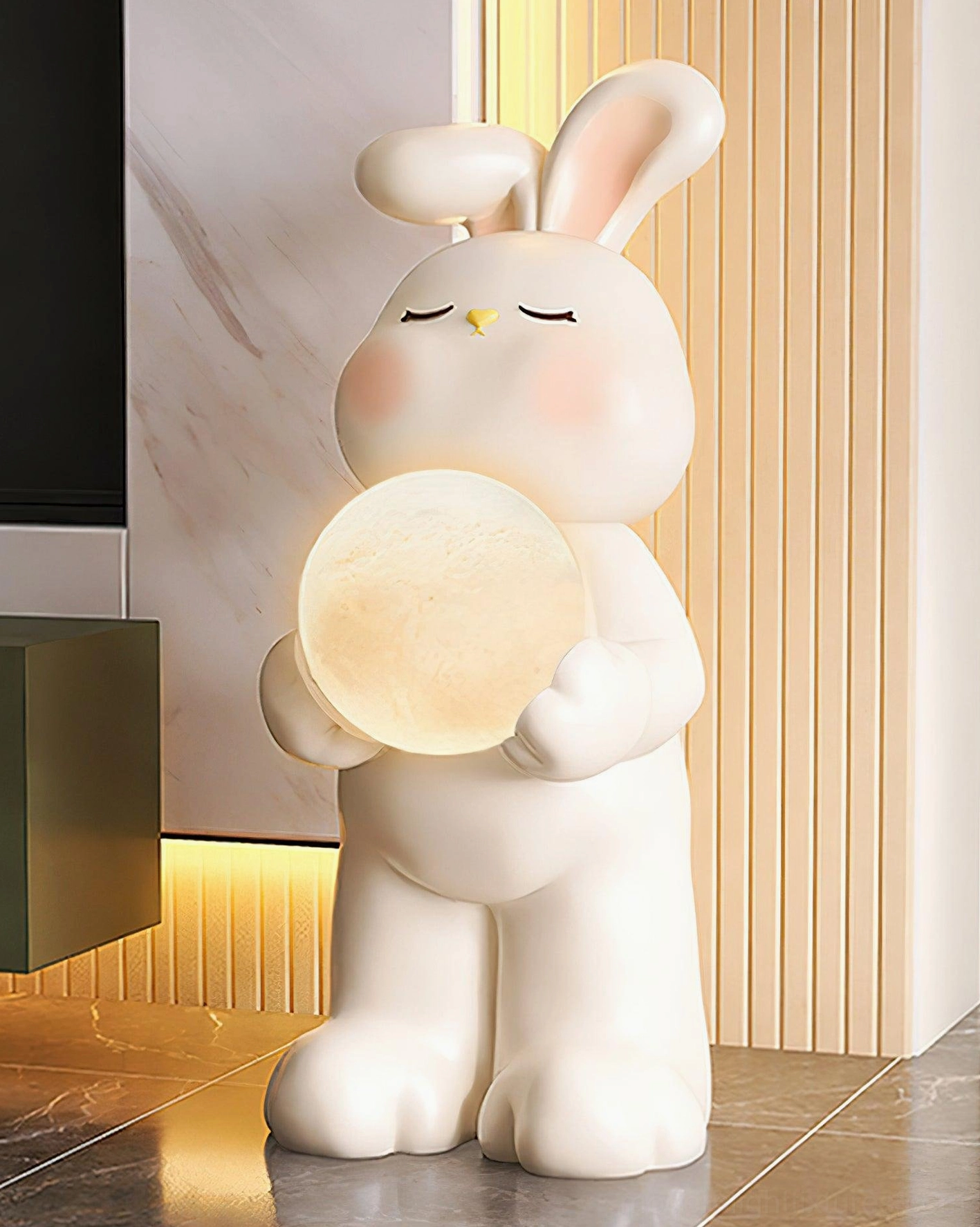 Moon rabbit floor lamp detail view touch control switch on glowing moon