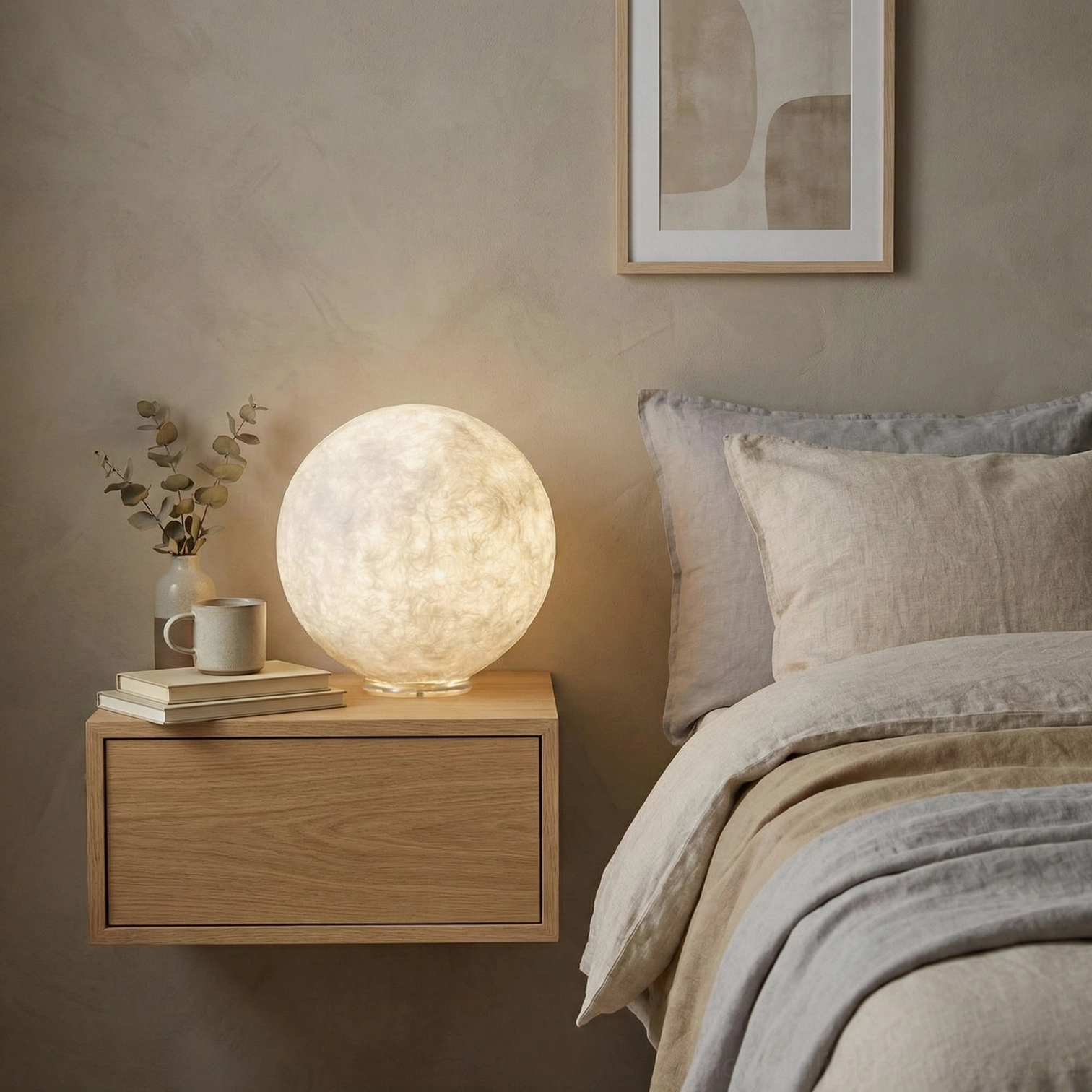 Medium moon table lamp beside linen bed master bedroom nightstand ambient lighting