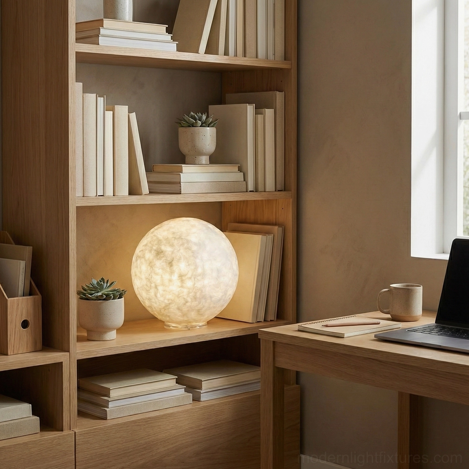 Small moon table lamp on bookshelf home office setting with books and succulents