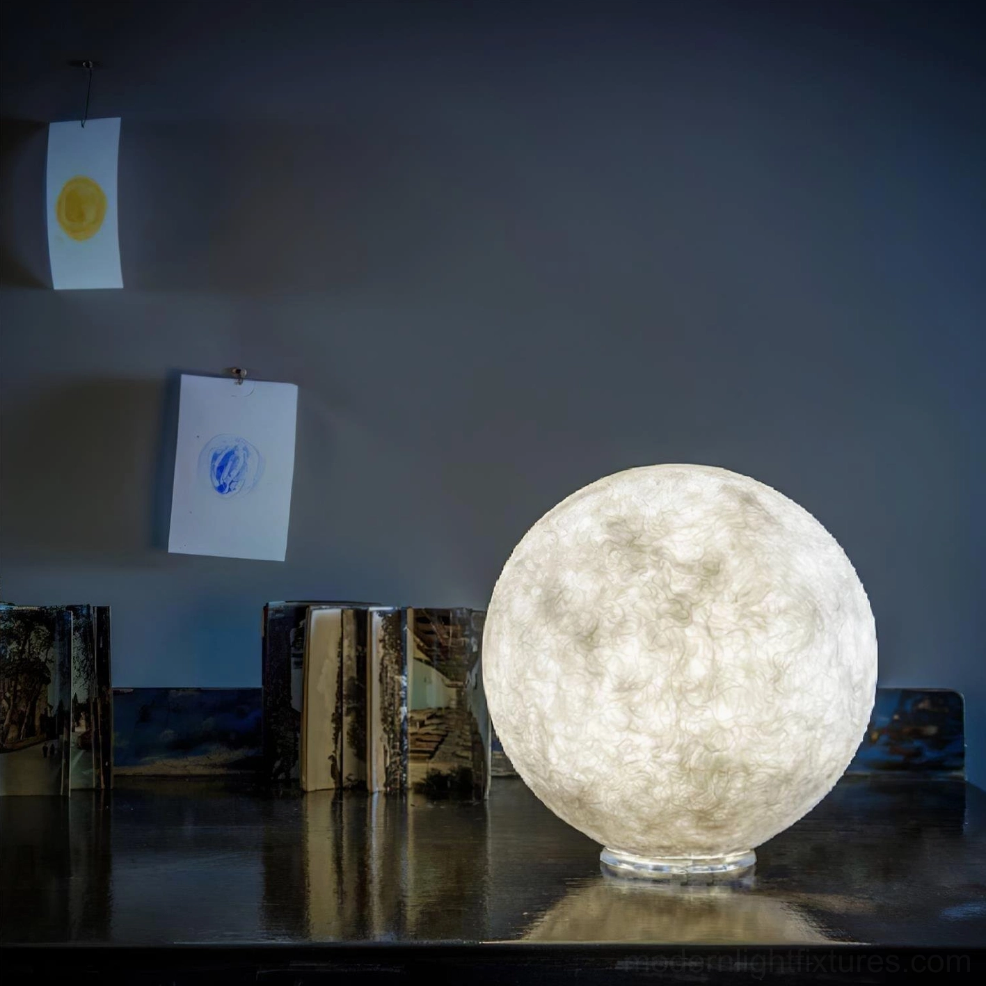 Large moon table lamp with clear base bright warm glow decorative display scene