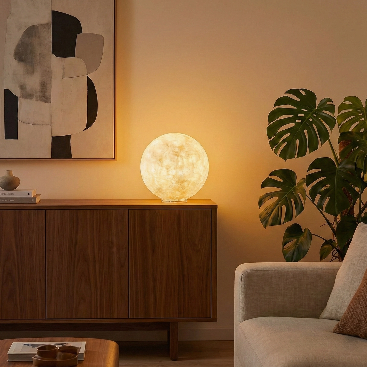 Small moon table lamp golden glow modern living room side cabinet green plants wall art