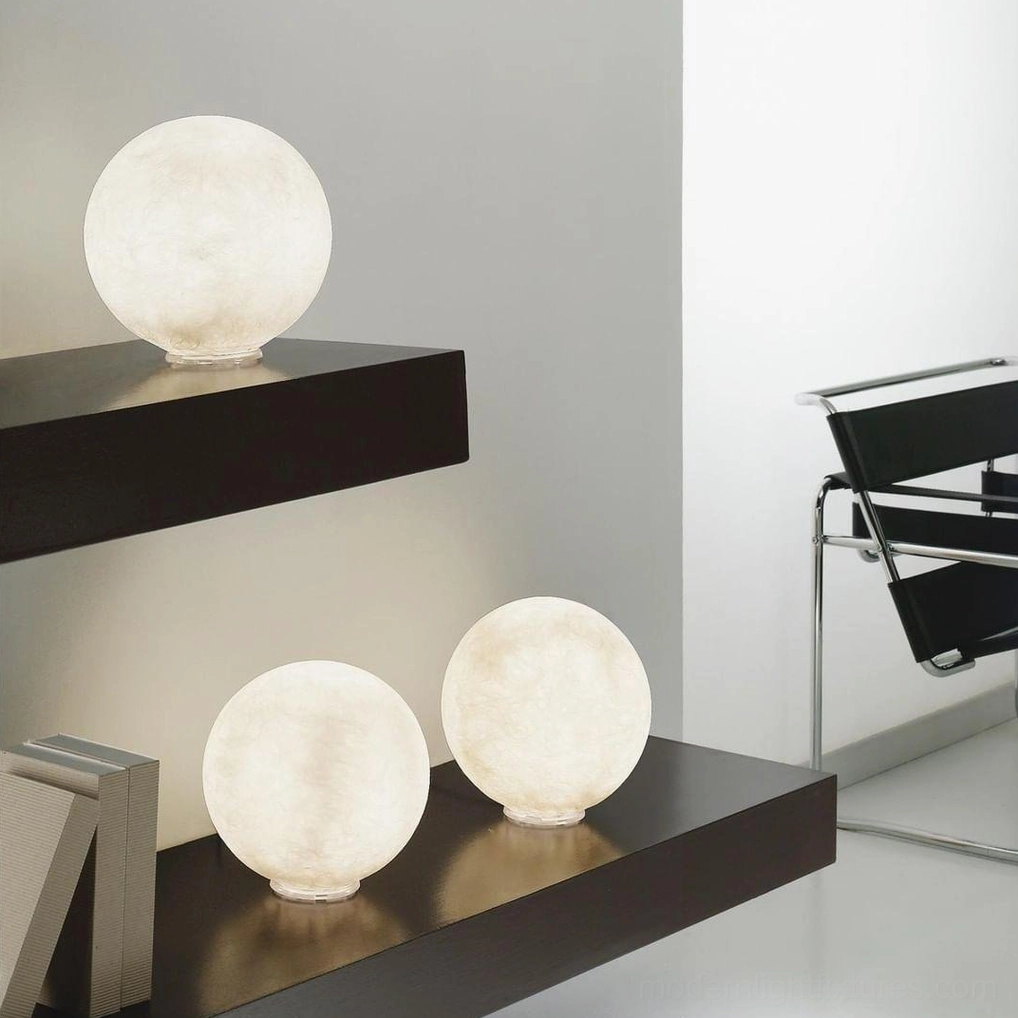 Multiple moon table lamps three sizes comparison minimalist home floating shelf display