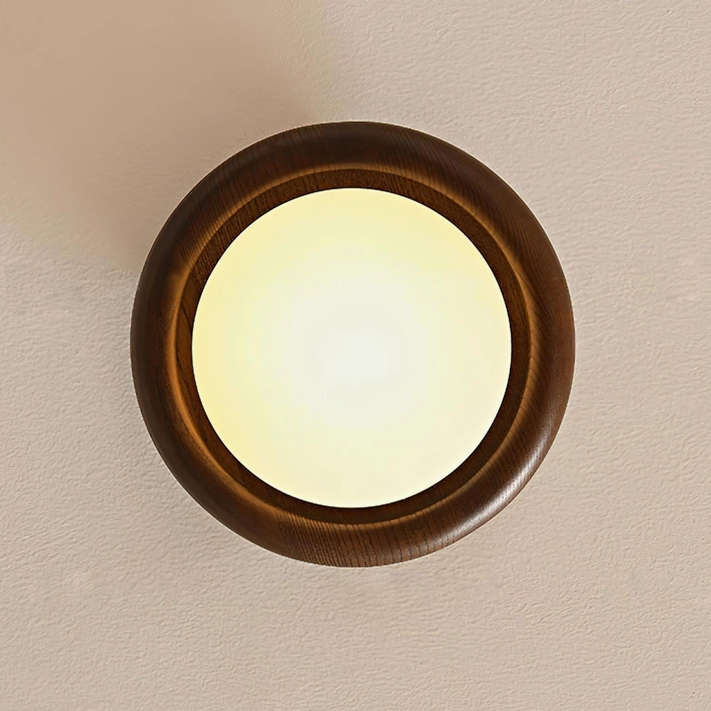 Modern integrated LED ceiling light fixture with frosted glass globe and walnut wood frame - premium craftsmanship detail