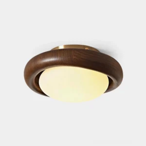 Moralis walnut wood modern ceiling light fixture with frosted glass globe and brass accents - front close-up view on white background