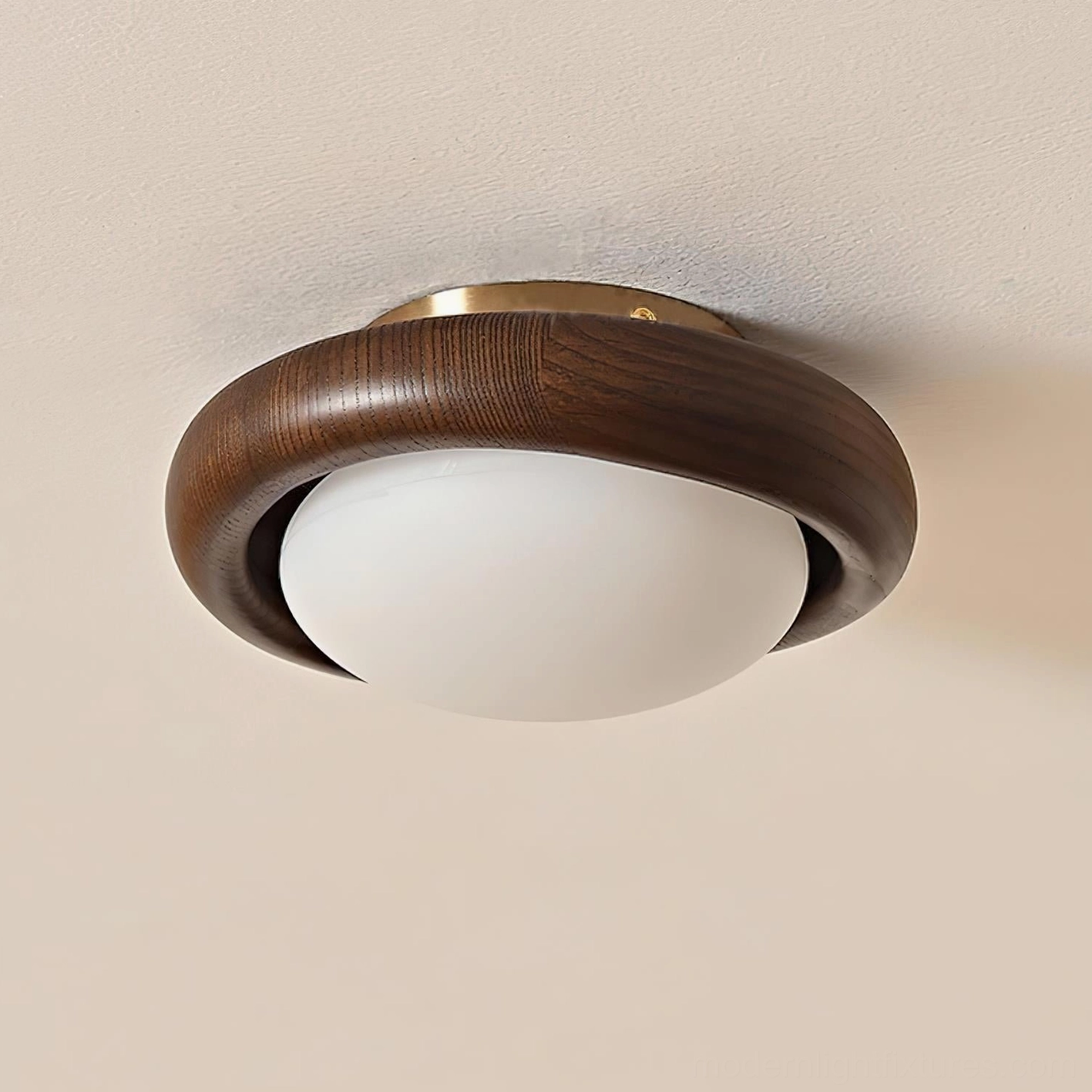 Moralis walnut and white flush mount ceiling light fixture detail showing frosted glass diffuser and wood frame