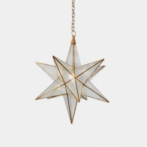 Stellora Moravian star chandelier front view brass finish with frosted glass panes on white background