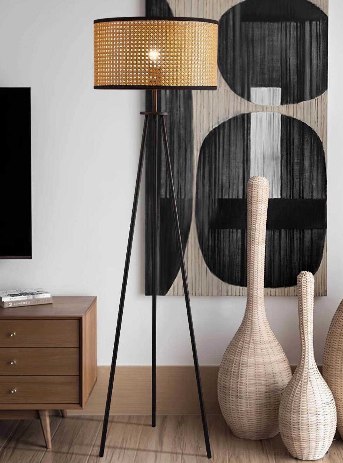 Boho handwoven rattan floor lamp contemporary home interior design accent
