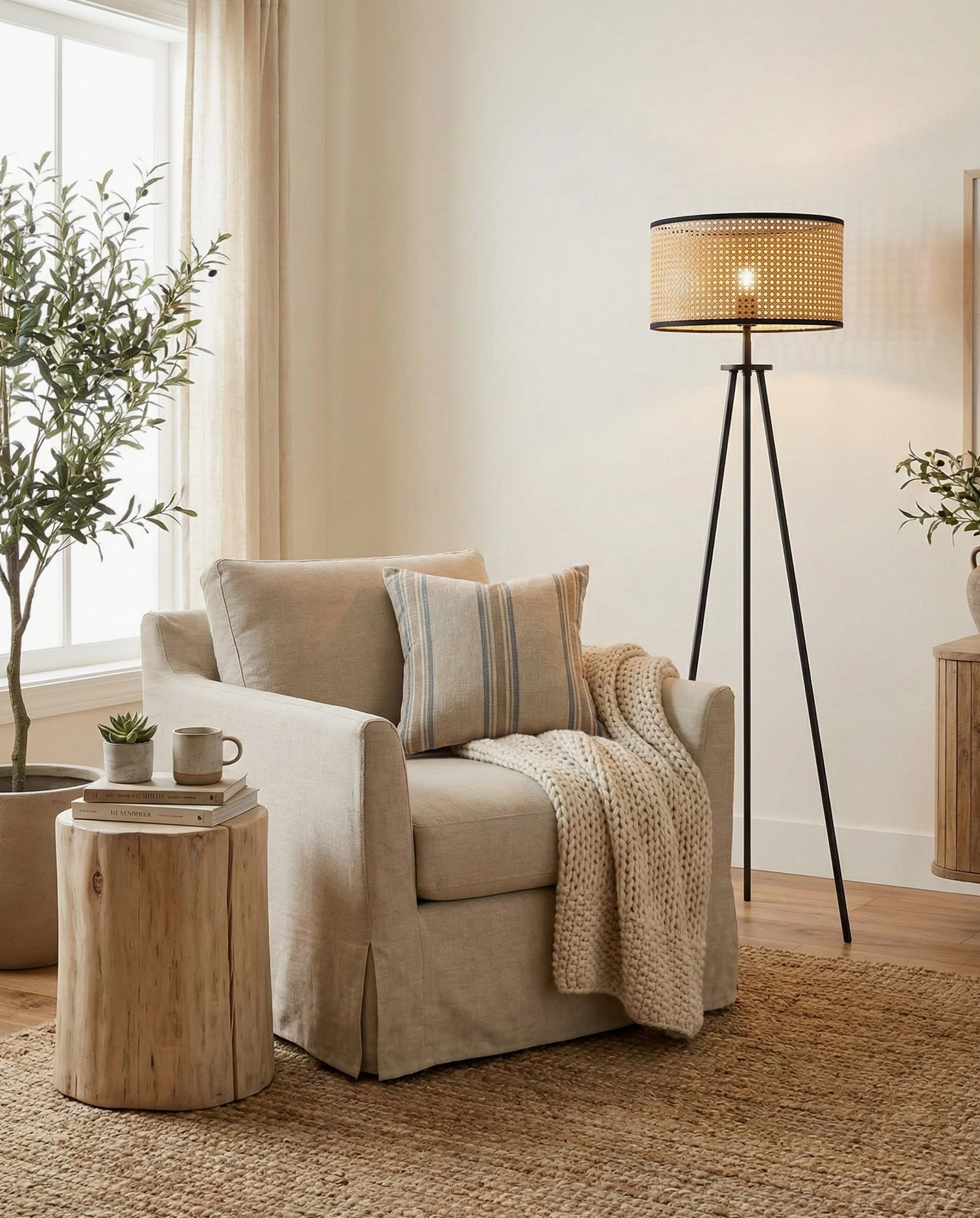 Handcrafted rattan drum shade tripod lamp reading corner interior design