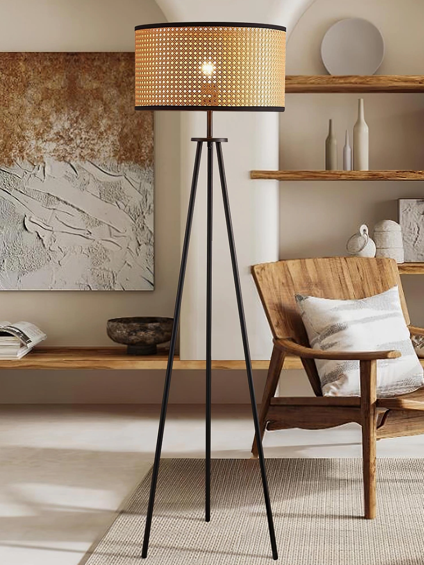 Contemporary boho floor lamp natural rattan shade tripod stand product view