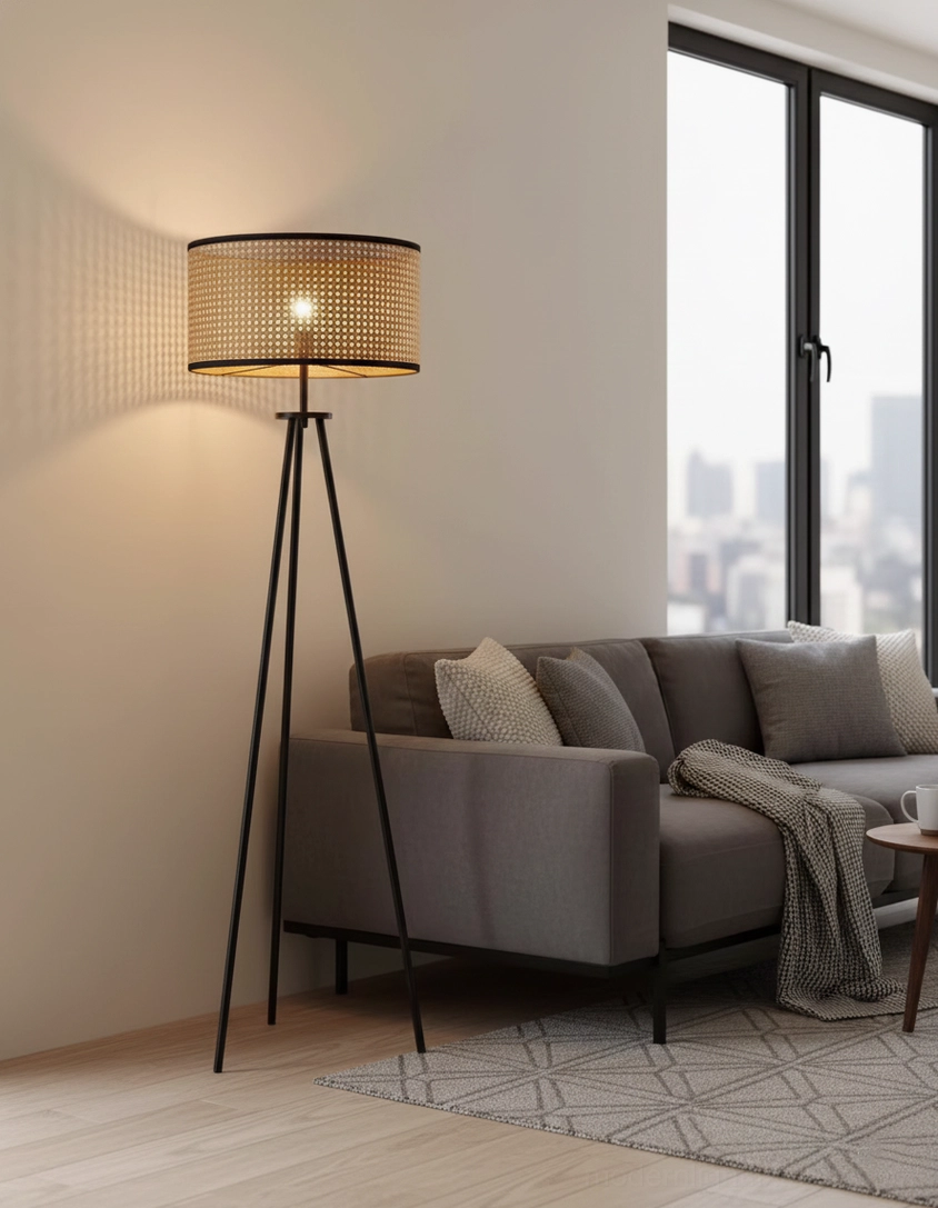 Tripod floor lamp rattan drum shade black metal frame modern bohemian design