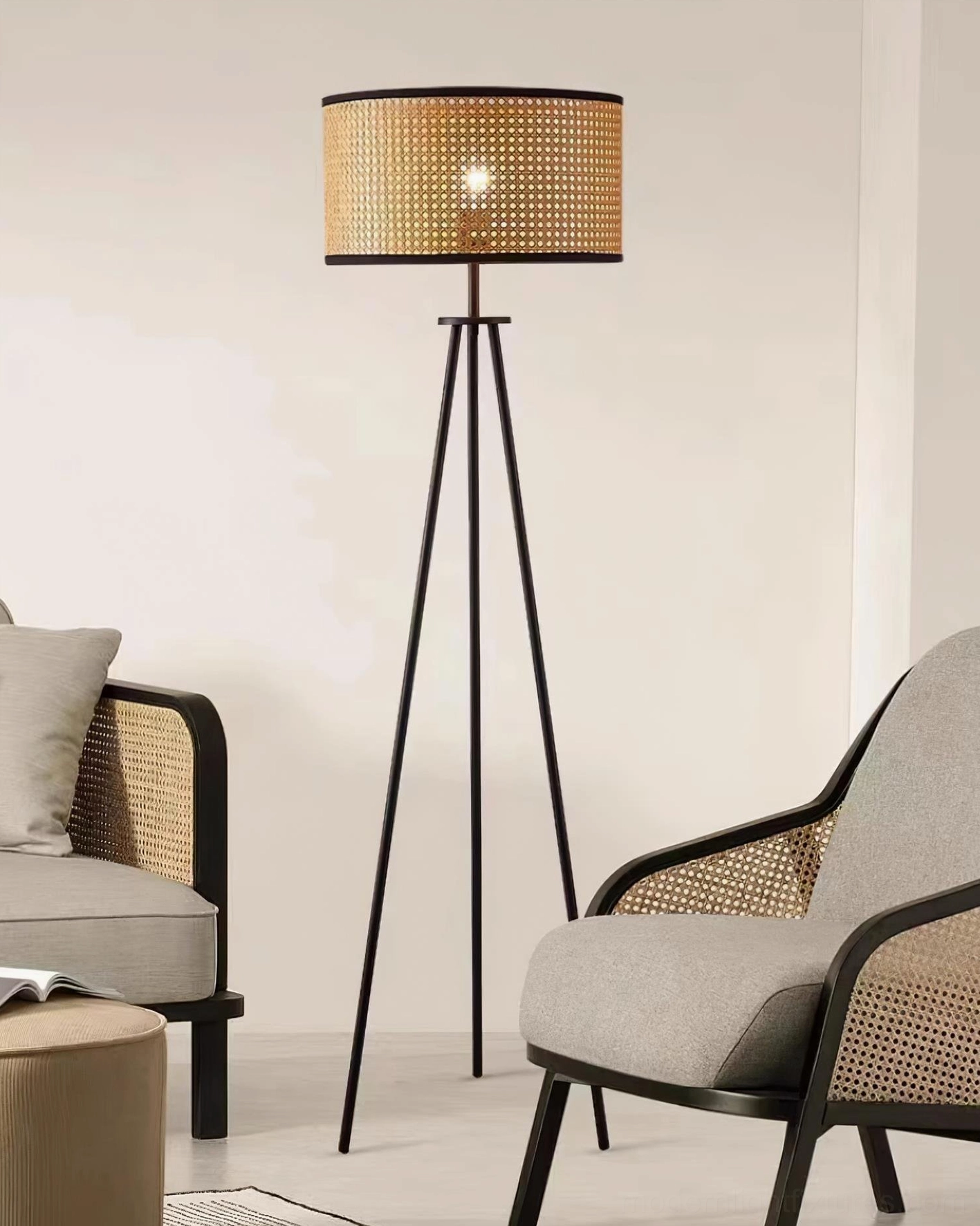 Rattan tripod floor lamp foot switch control warm ambient lighting feature
