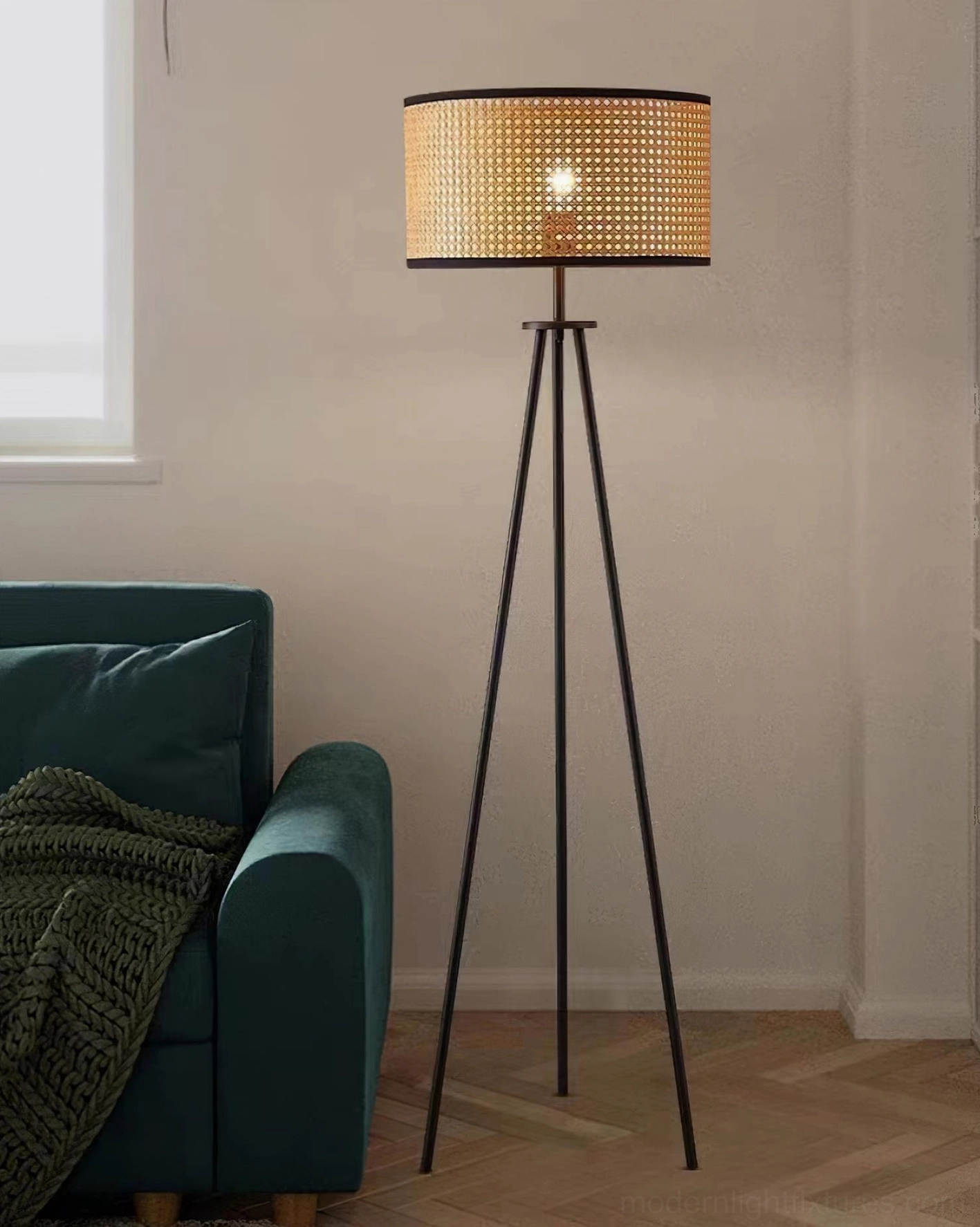 Contemporary tripod floor lamp natural rattan shade modern living room teal sofa